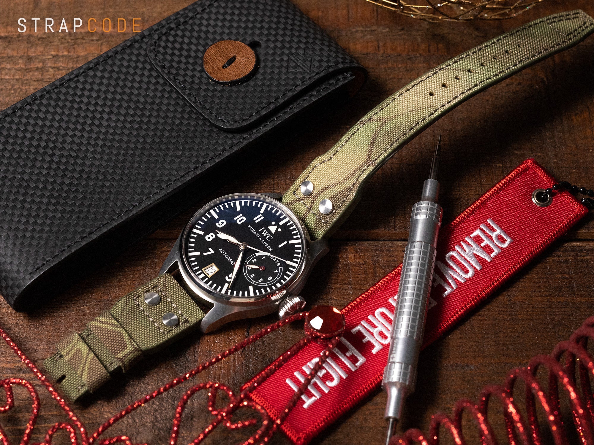 The custom-fit Ninja Turtle Camo Nylon Replacement Strap designed to fit the IWC Big Pilot clasp by Strapcode
