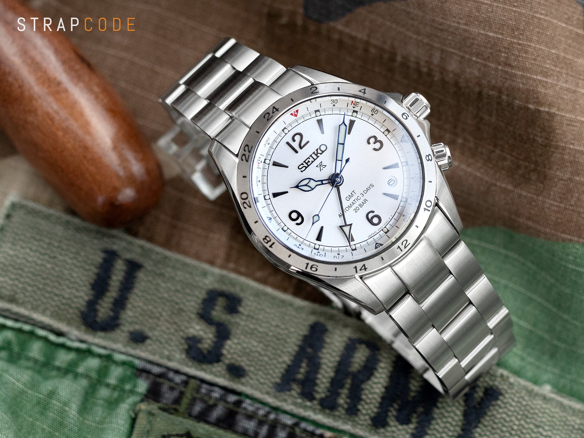 Seiko Alpinist GMT SPB409 White with Strapcode fitted endlink stainless steel watch band