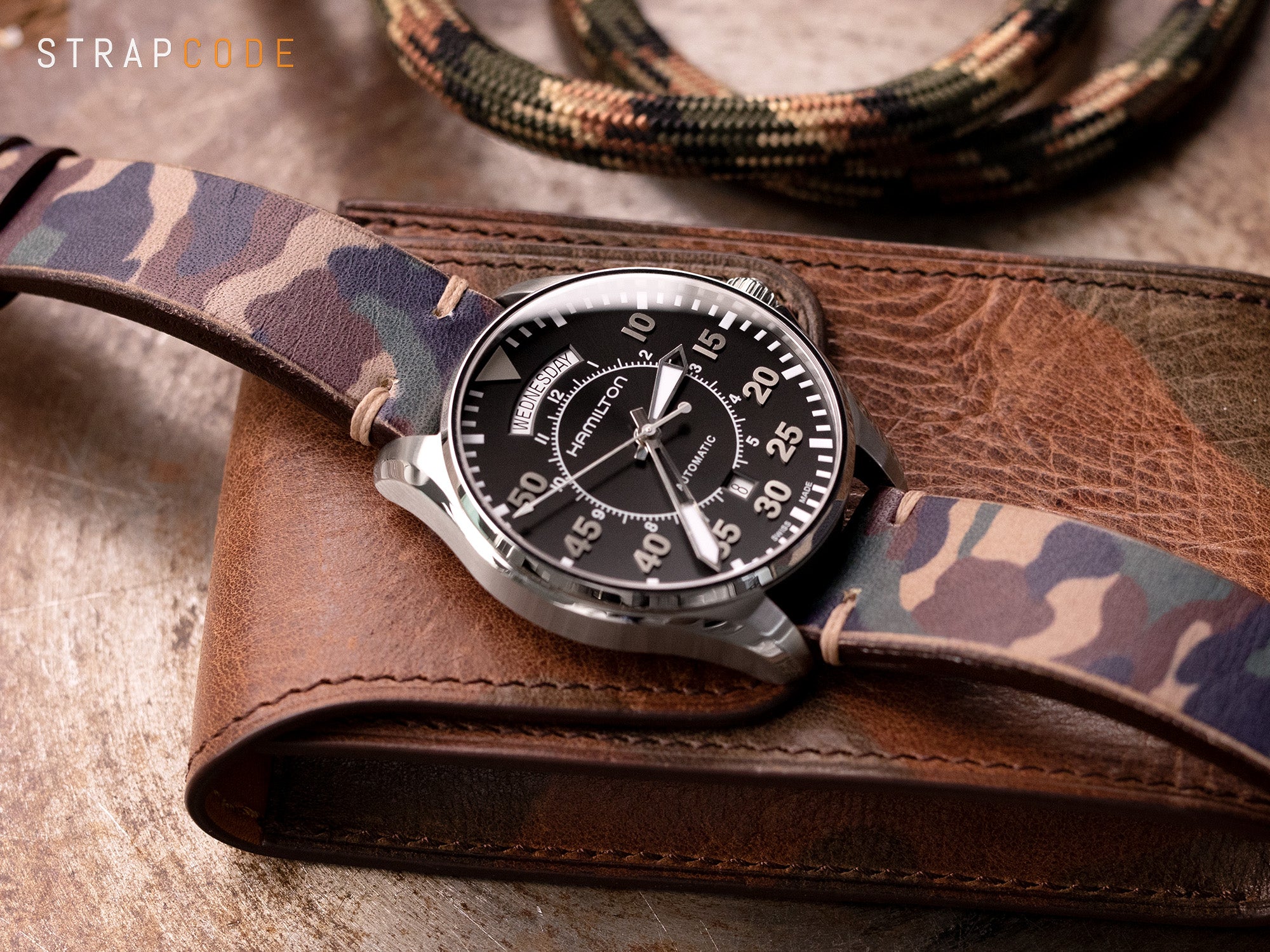 Hamilton Khaki Aviation Pilot Day Date Auto Automatic 42mm H64615135 pairs Italian Handmade Camo Pattern Watch Strap by Strapcode