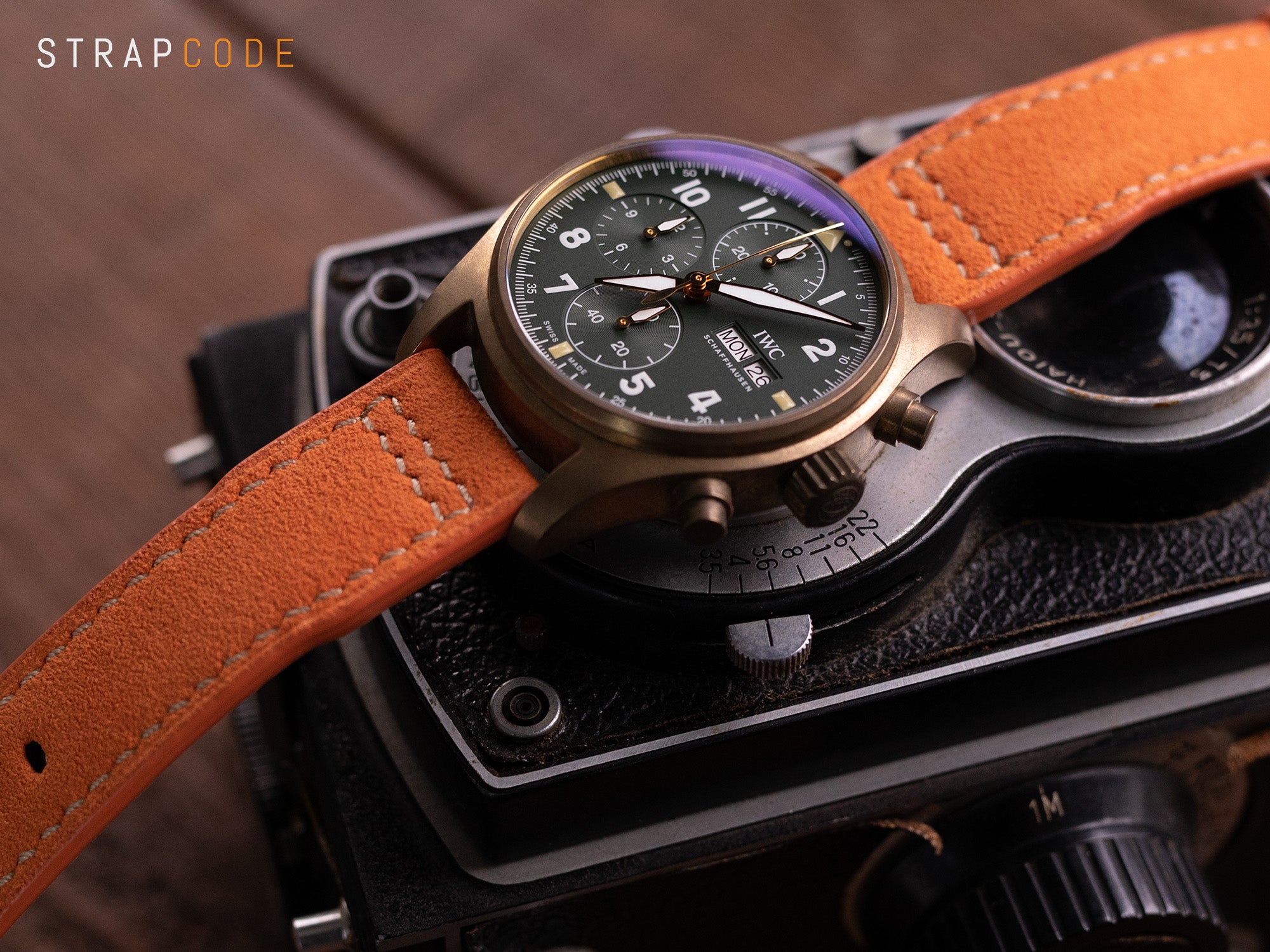 IWC Pilot Spitfire Chronograph in Bronze Orange Alcantara Watch Band by strapcode