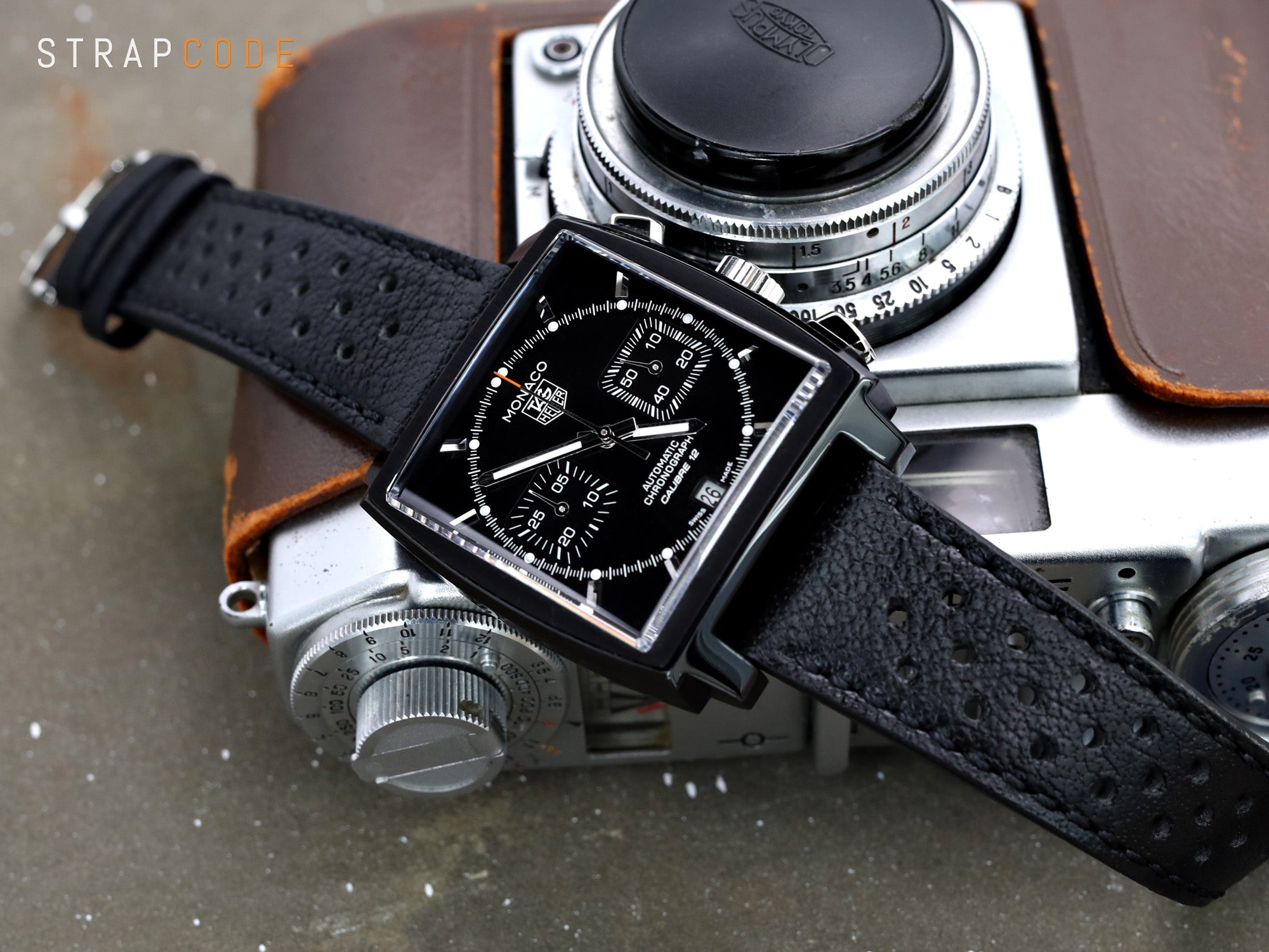 TAG Heuer CAW211M.FC6324 Monaco Calibre 12 Chronograph and a racing leather watch strap by Strapcode