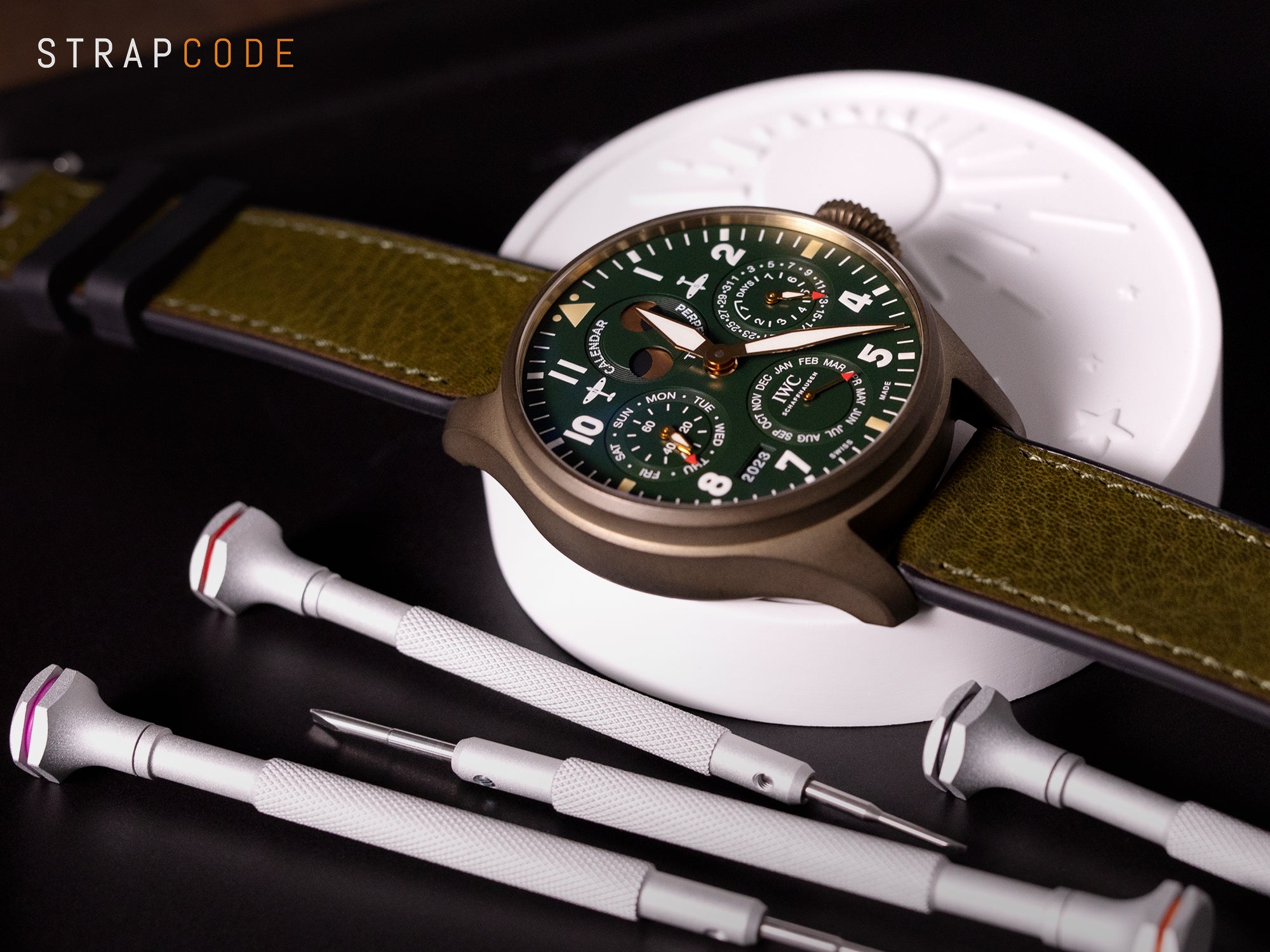 IWC Big Pilot's Bronze Perpetual Calendar and Green Quick Release Hybrid Leather FKM Rubber strap by Strapcode watch bands