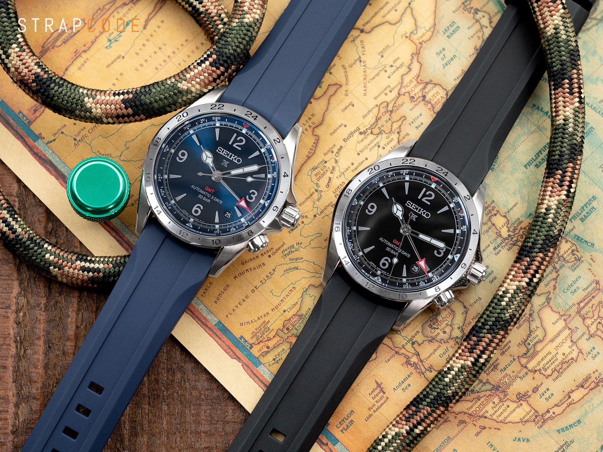 Seiko Alpinist GMT SPB379 and SPB377 with Strapcode fitted endlink watch bands