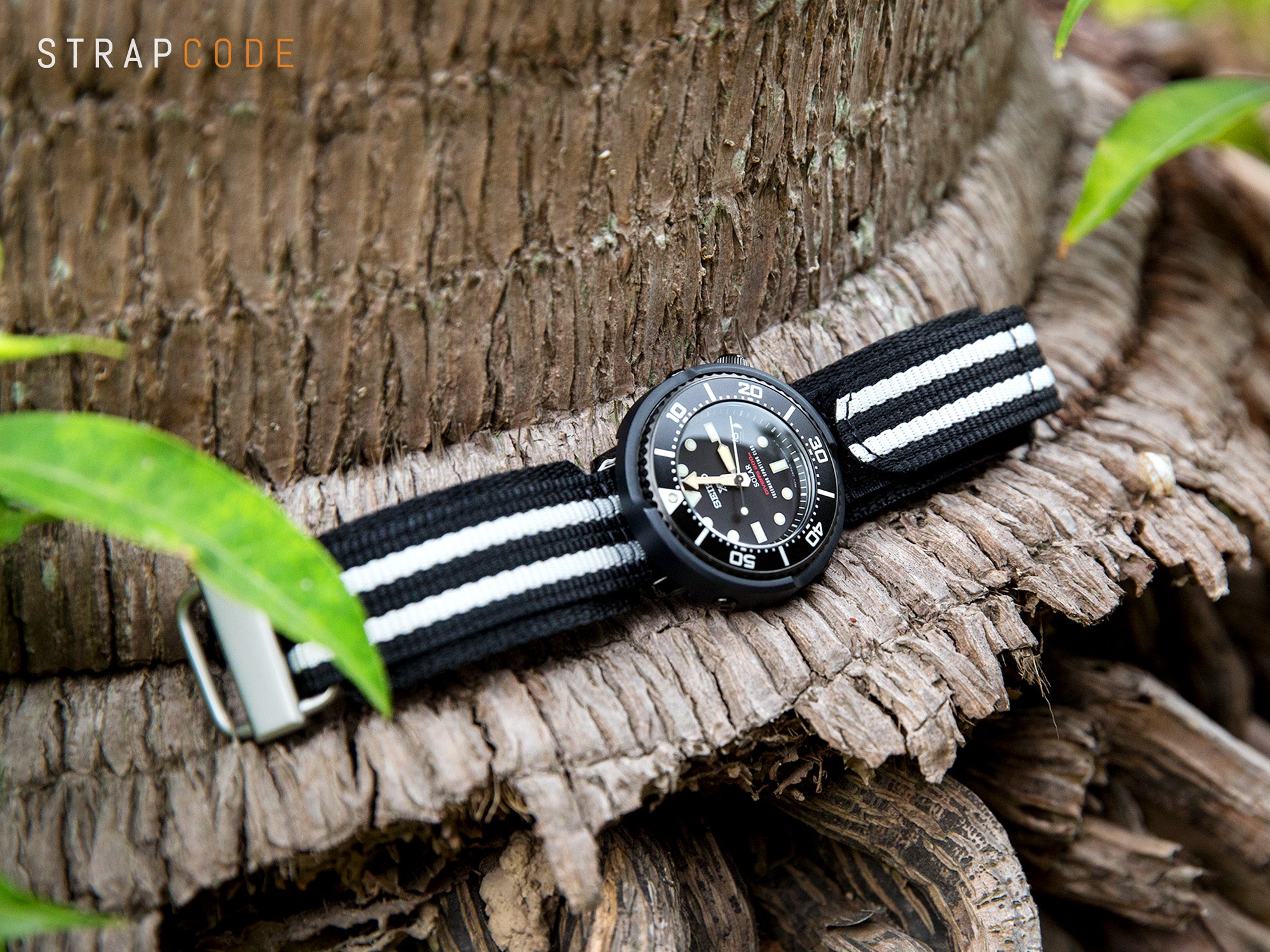 The Black & White Bond's Stripes 3-D Nylon Hook N' Loop Watch Strap by Strapcode Watch Bands,  Seiko Solar Prospex Scuba Diver SBDN029 