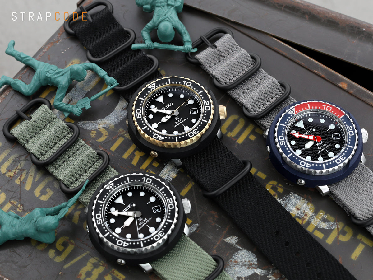 Seiko Solar Tuna watches with the G10 Military Waffle ZULU Watch Straps in military green black and grey colors by Strapcode