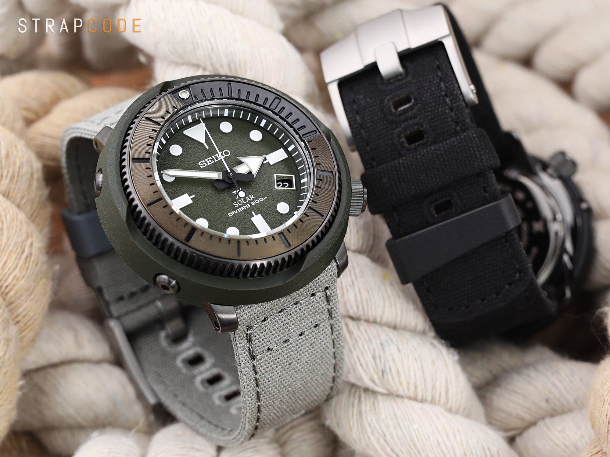 The Khaki Green Quick Release Canvas Watch Strap by Strapcode and  Seiko Prospex 'Street Series Solar Diver SNE535