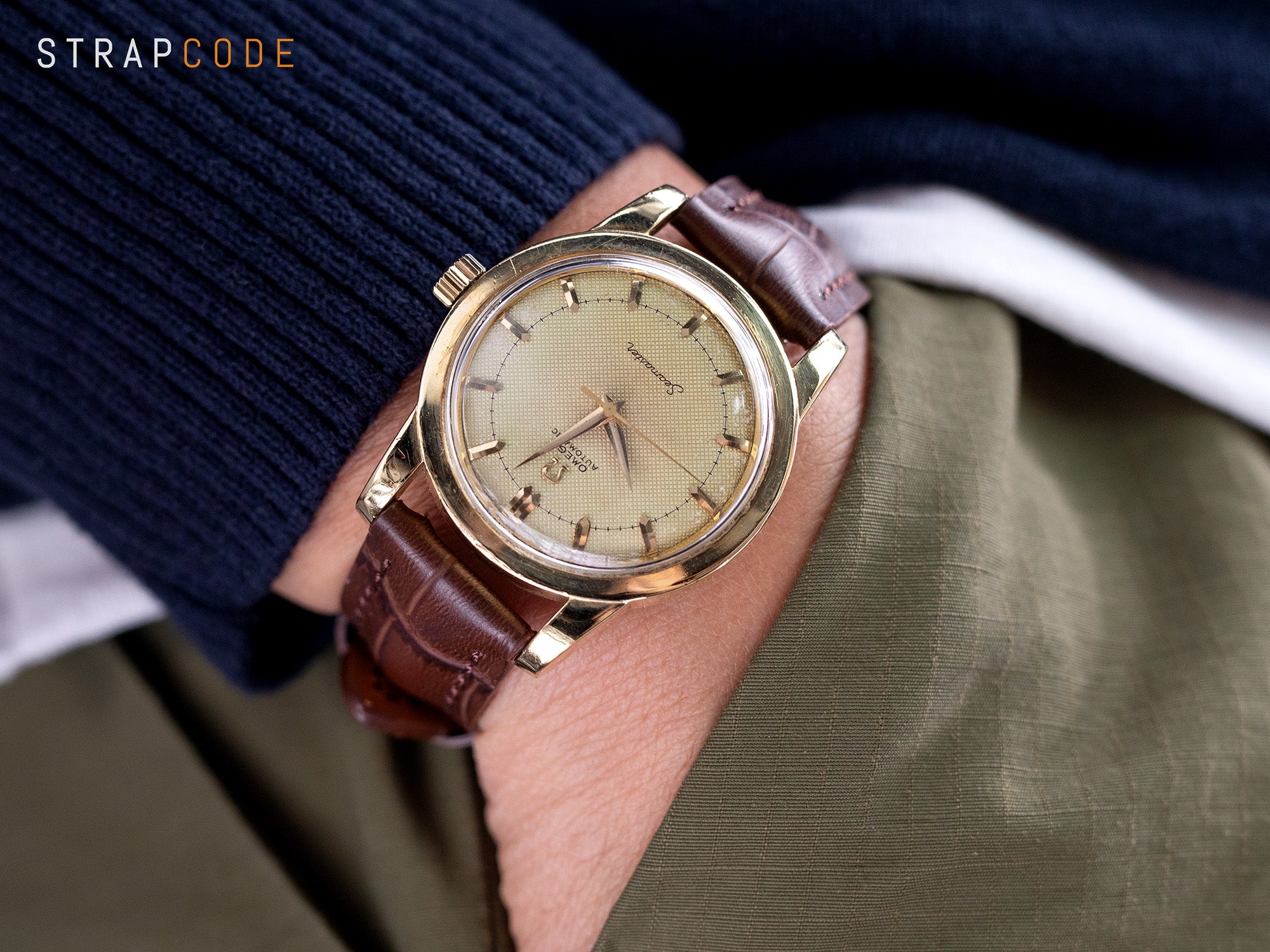 1952 Omega Gold Capped Seamaster with Bumper Caliber 354 Brown Crocodile Grain watch bands by Strapcode