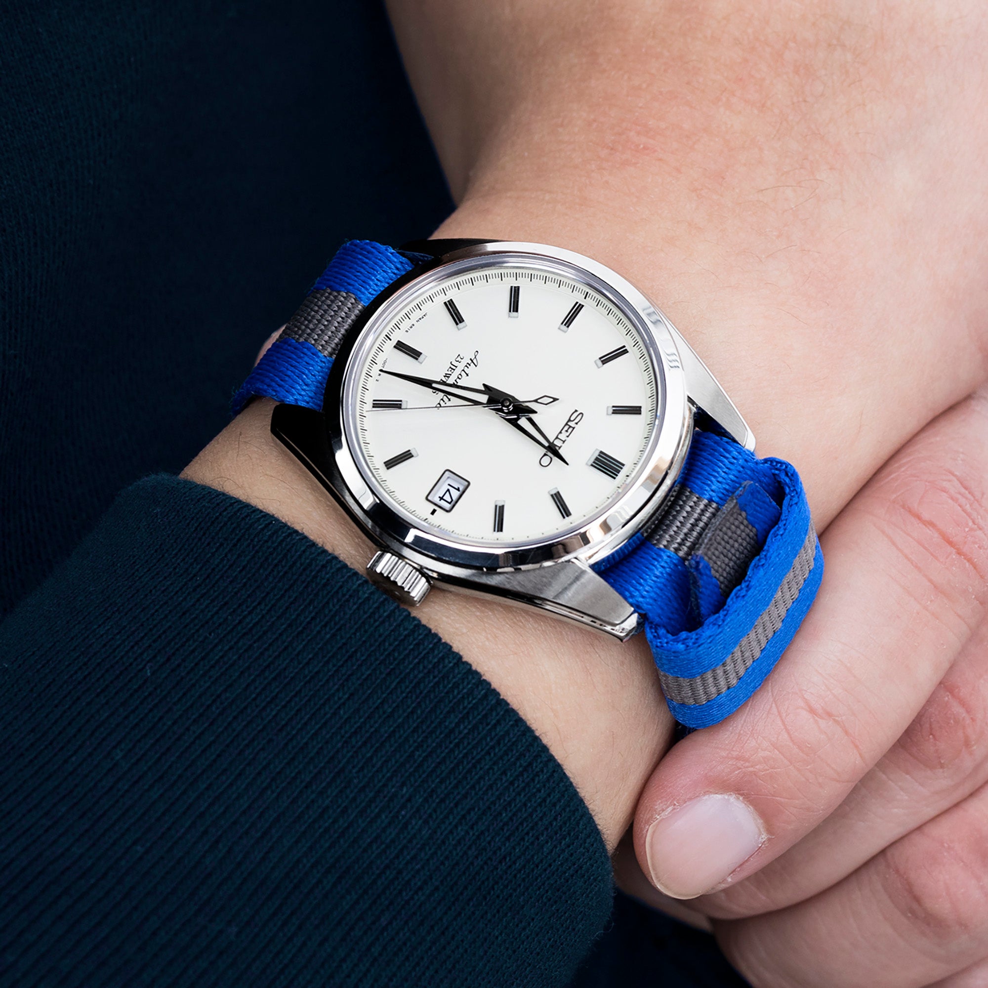 Seiko SARB035 Ivory Dial Watch paired with 20mm MiLTAT RAF N7 Navy Blue and Grey Nato Watch Strap on wrist by Strapcode watch bands