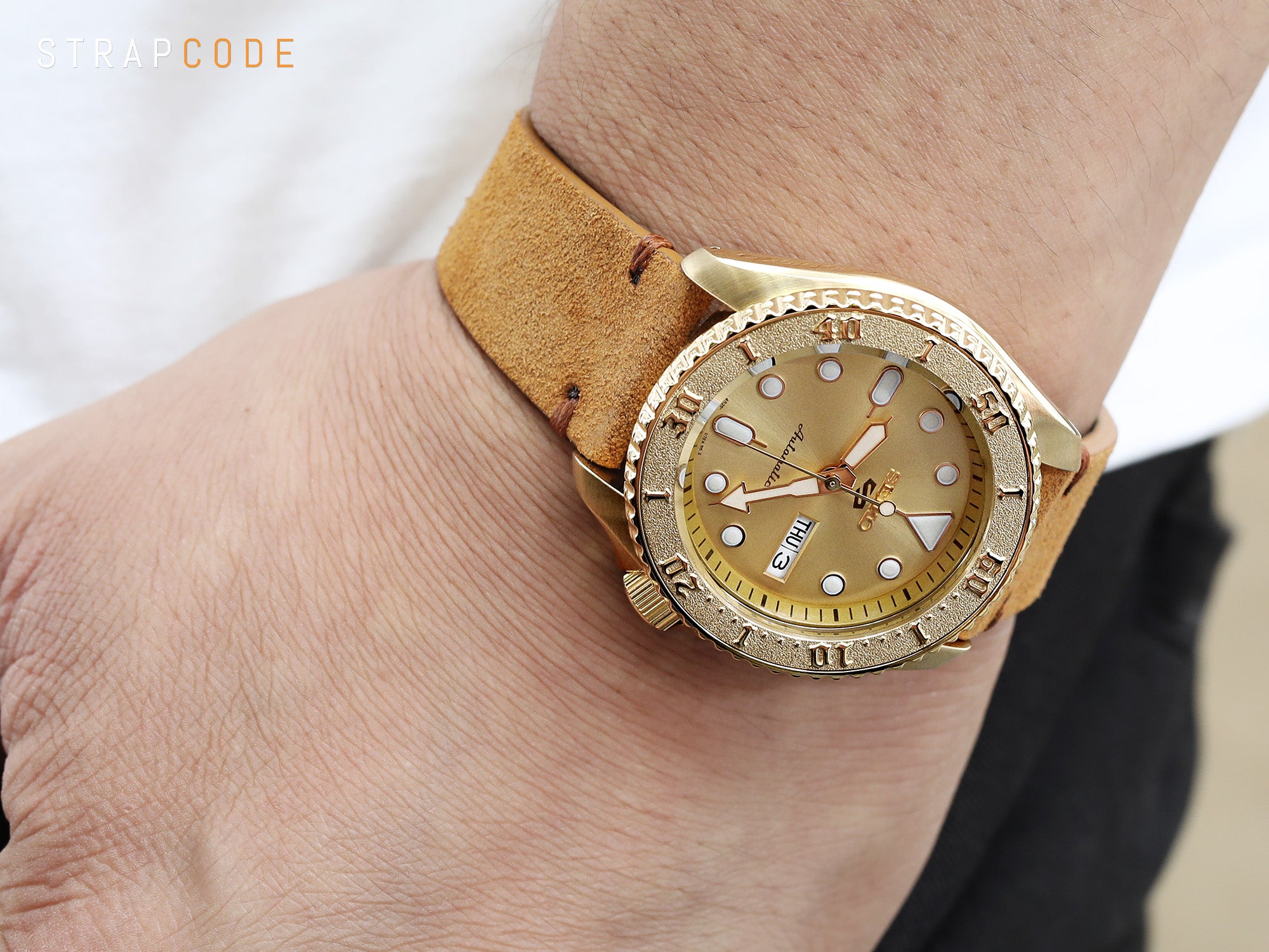 Camel color Genuine Leather Suede Quick Release watch band by Strapcode, on Seiko 5 Sports Gold watch