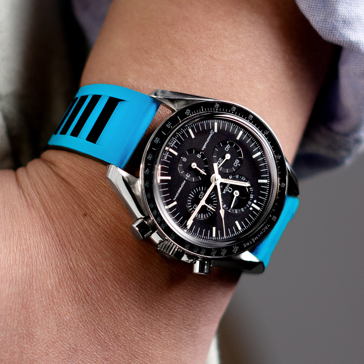 The Sky Blue RM Vented FKM Quick Release Rubber Watch Strap by Strapcode is a playful and lively option