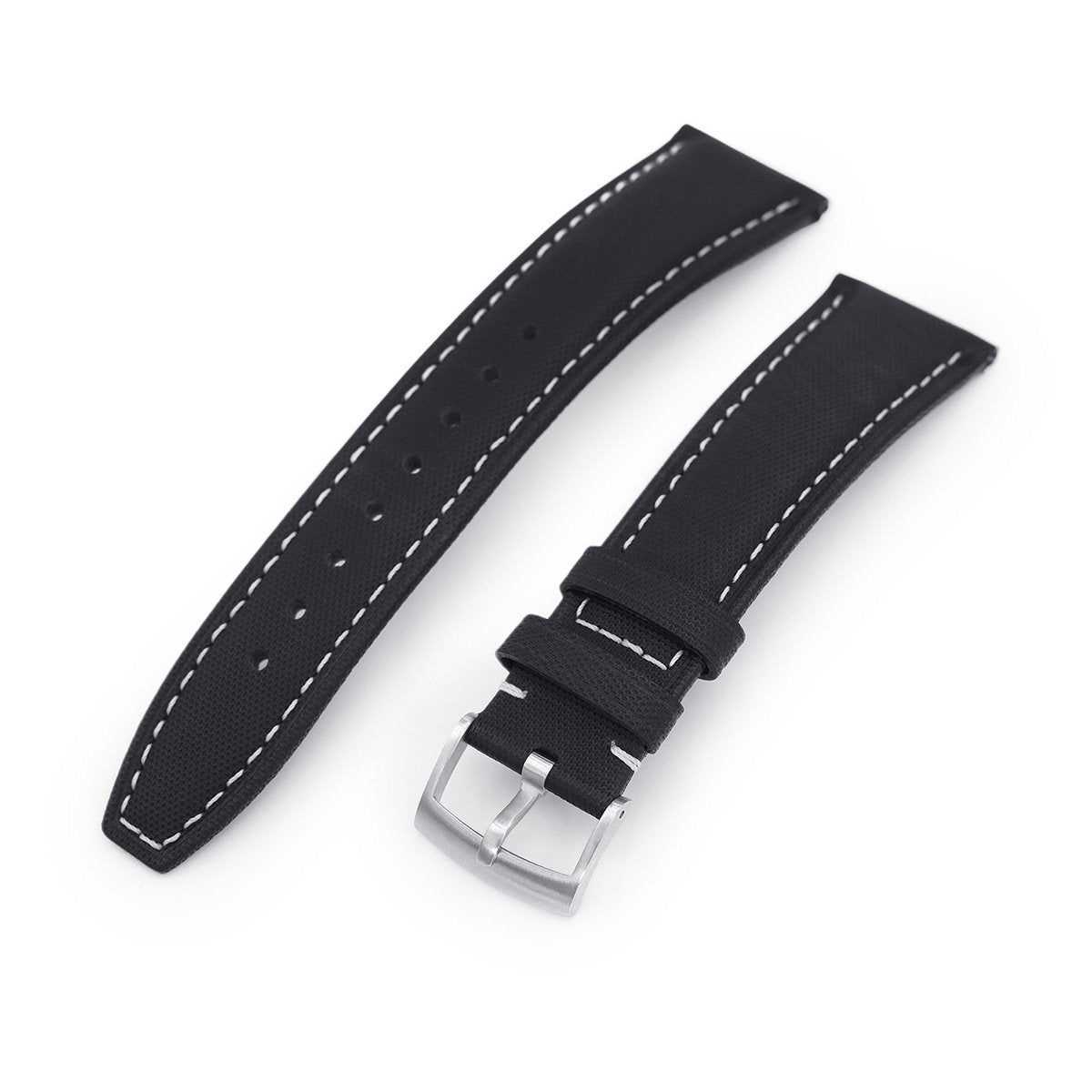 20mm or 22mm Black Woven Texture Watch Strap, Beige Stitching, Brushed ...