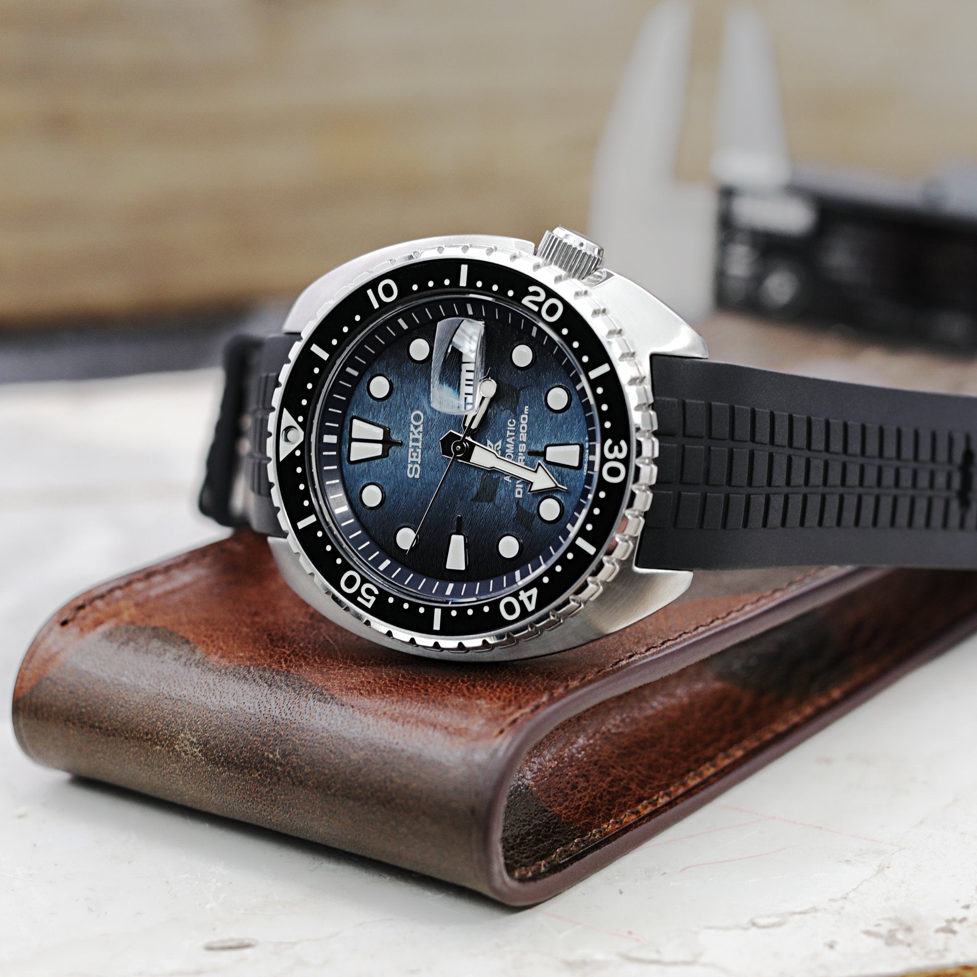 CB12 Black Crafter Blue Rubber Strap | Seiko Turtle SRP777 | Strapcode