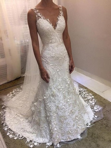 Elegant Appliqued Lace Wedding Dress Mermaid V-neck Zipper Back V-neck Cheap Wedding Gown Vestido De Novia