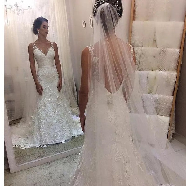 Elegant Appliqued Lace Wedding Dress Mermaid V-neck Zipper Back V-neck Cheap Wedding Gown Vestido De Novia