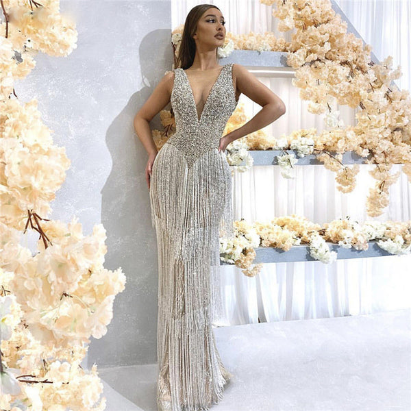 Dubai Design Silver Sexy Deep-V Evening Dress Sequined Beading Tassel Luxury Evening Gowns 2020