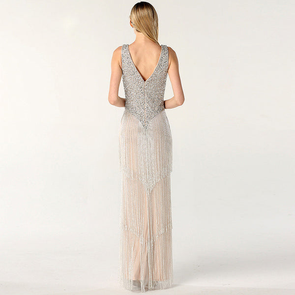 Dubai Design Silver Sexy Deep-V Evening Dress Sequined Beading Tassel Luxury Evening Gowns 2020