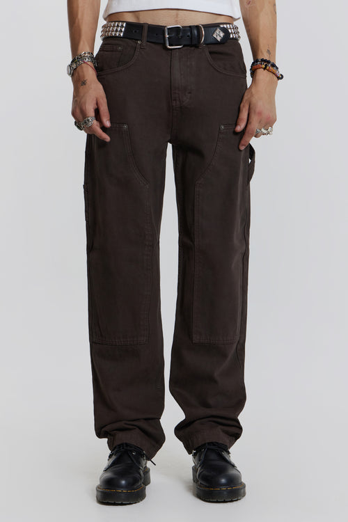 Jaded London Straight Leg Denim Carpenter Jeans in Washed Brown with Hem Insert