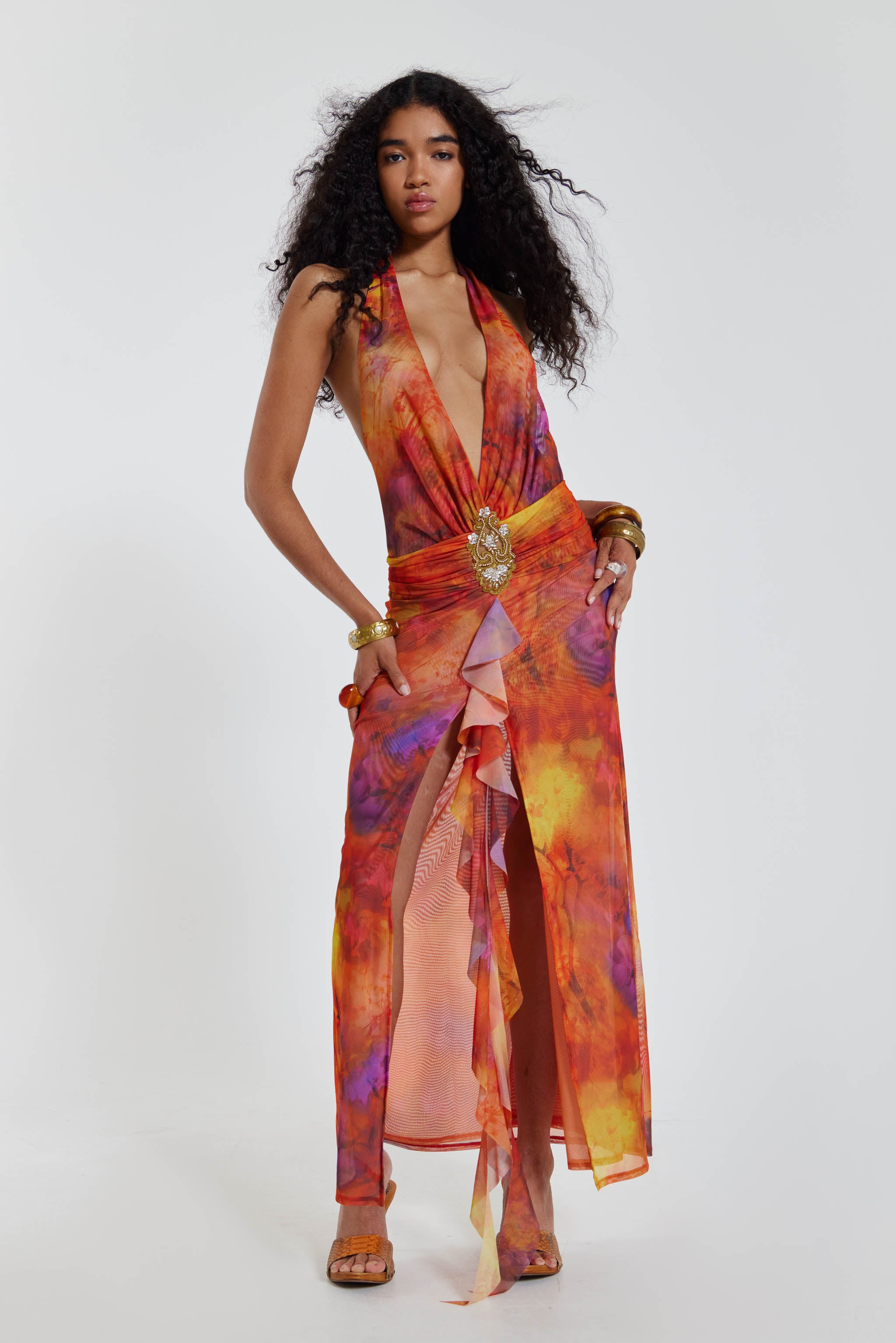 Jaded London Cindy Plunge Maxi Dress In Orange