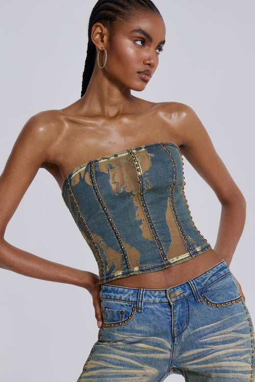 Knitted Denim Distressed High Neck Tank Top
