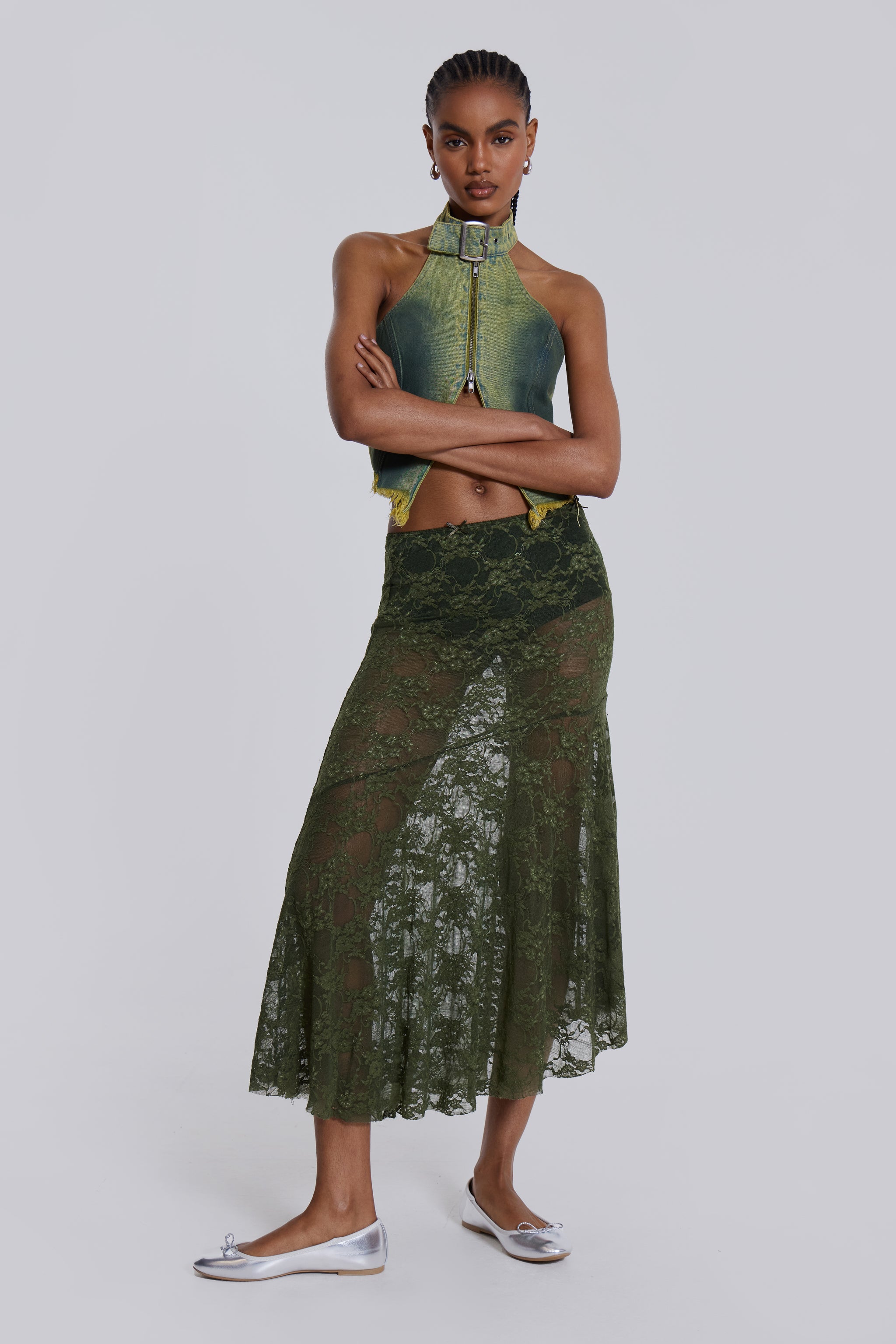 Jaded London Rhea Khaki Lace Midi Skirt