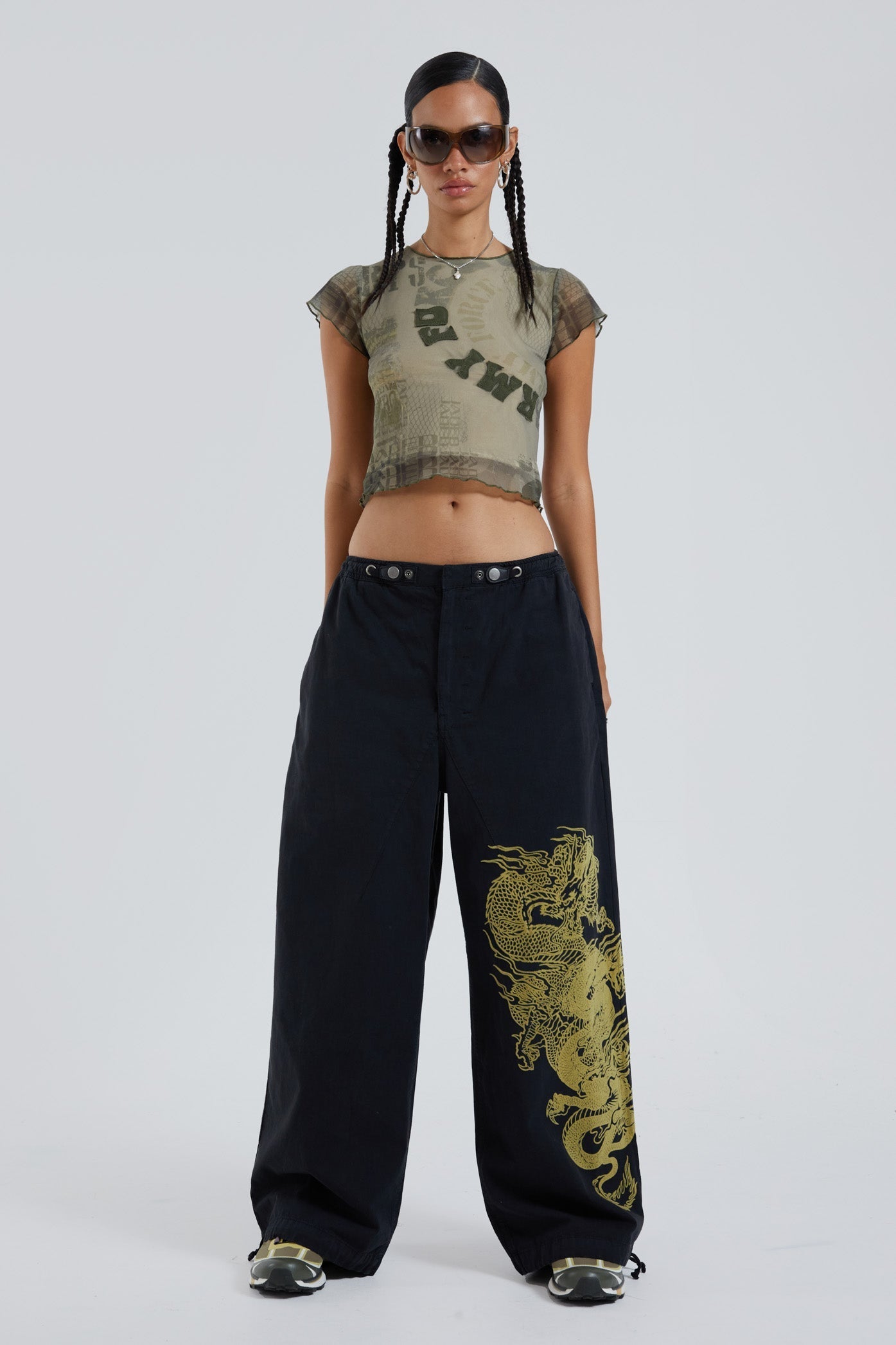 Jaded London NY Dragon Flock Cargo Pants In Black