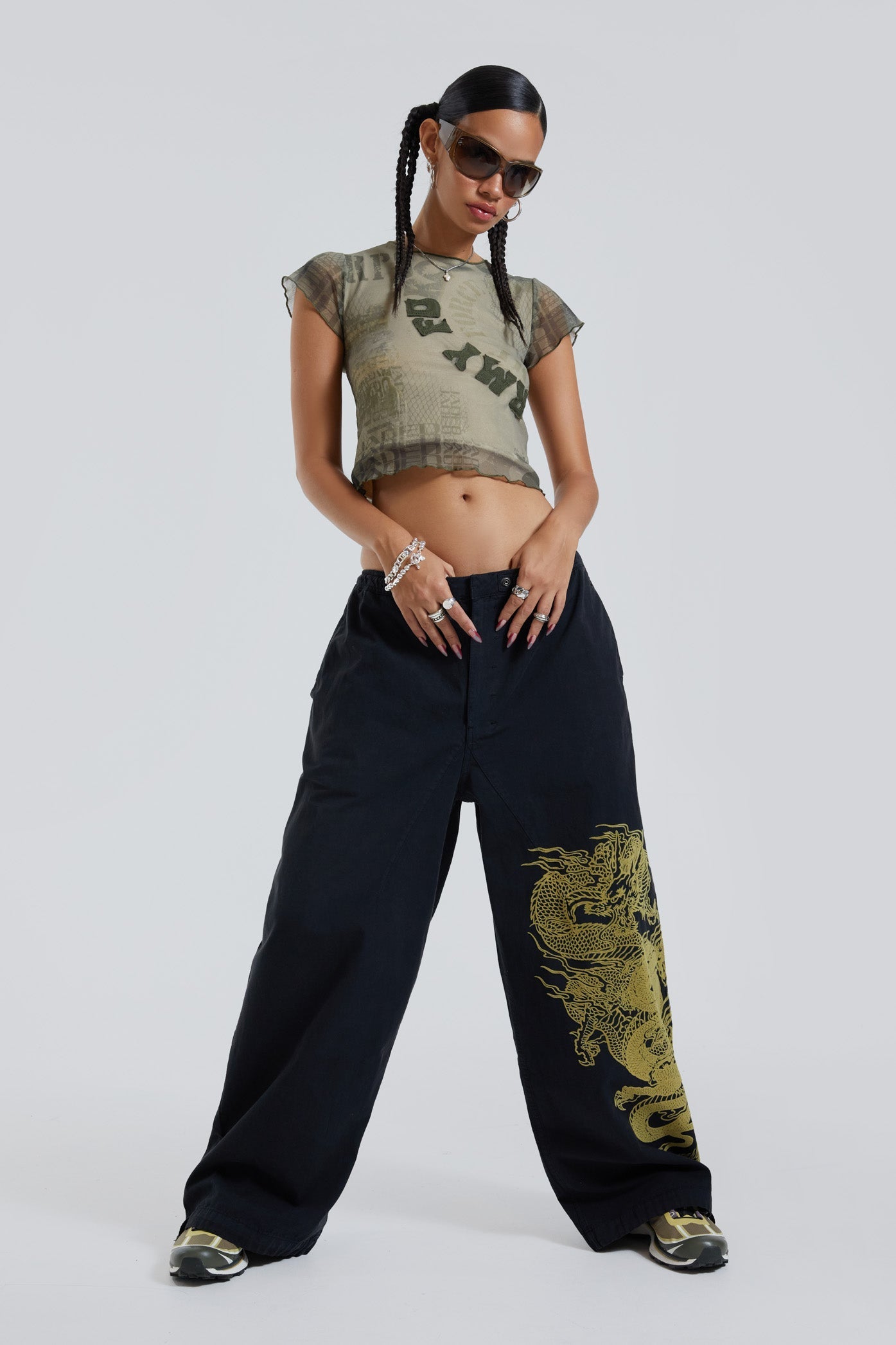 Black Military Cargo Pants With Flock Print | Jaded London