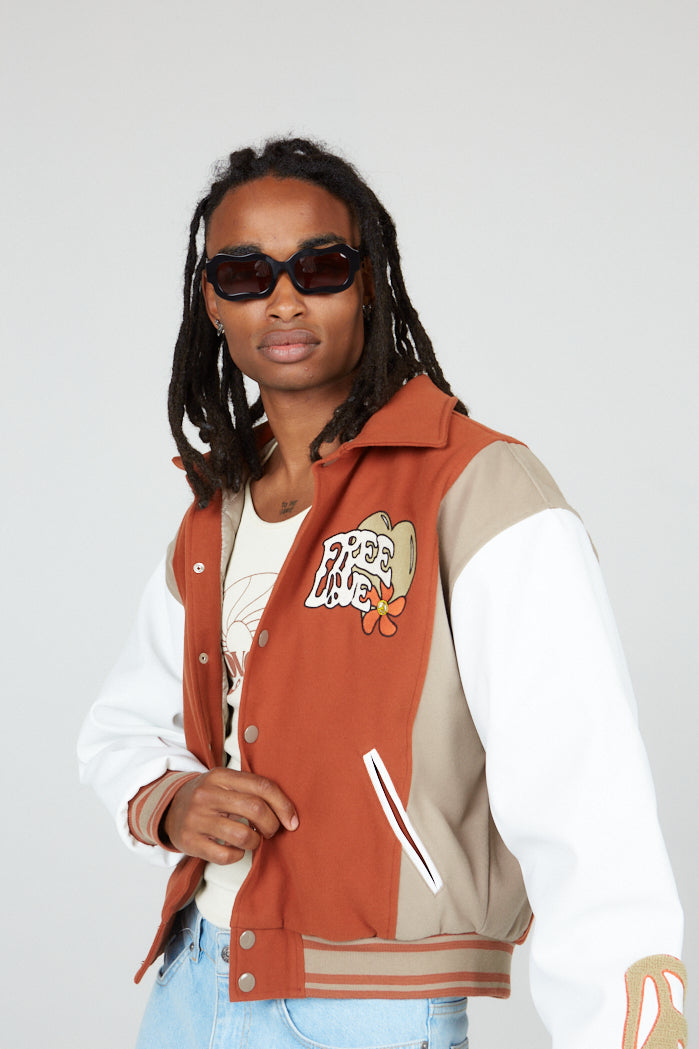 Brown Free Love Print Varsity Baseball Jacket | Jaded London