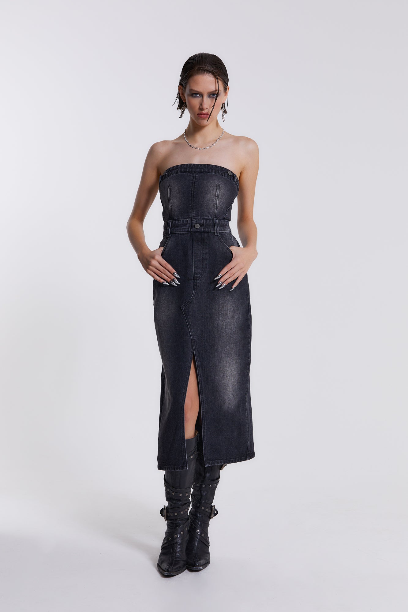 Jaded London Liberty 2 In 1 Detachable Denim Black Midi Dress