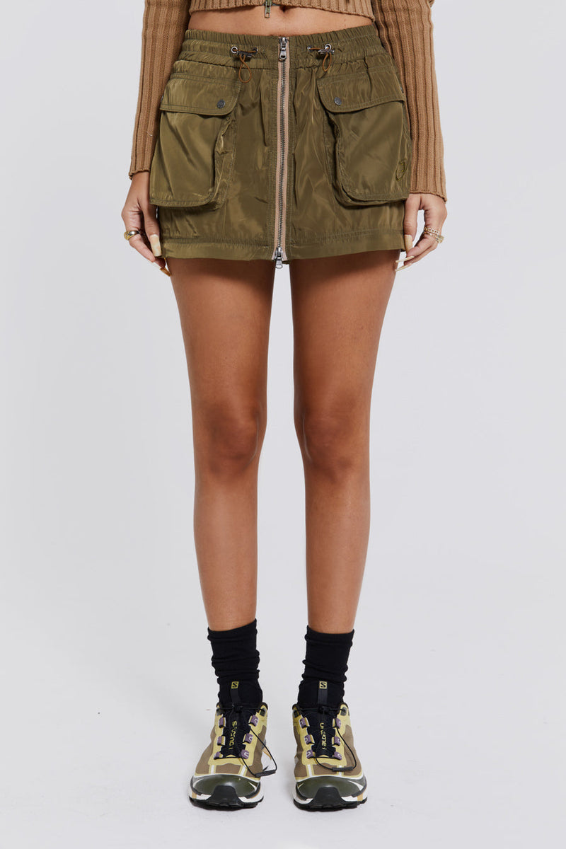 Shiny Khaki Pocket Detail Midi Zip Off Cargo Skirt Jaded London 