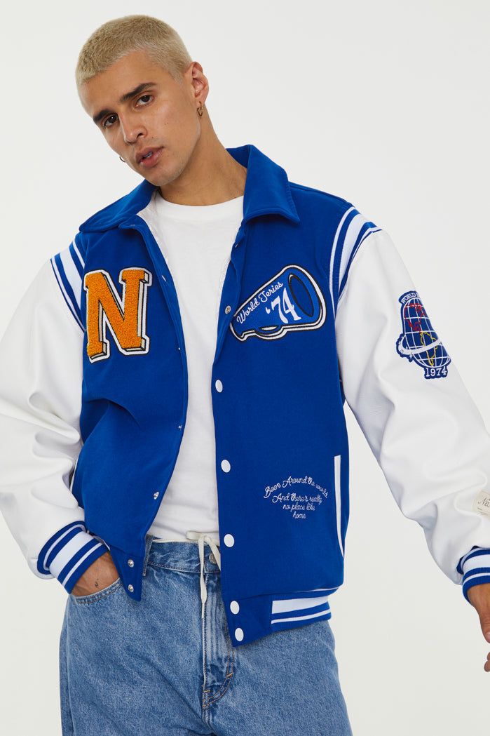 Neutrals Blue Varsity Jacket | Jaded London