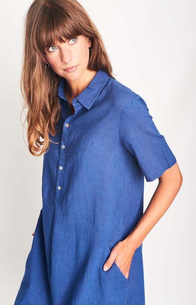 blue linen shirt dress