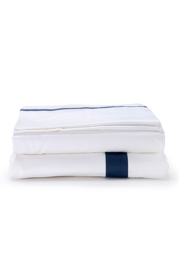 Image of White with Navy Single Band Organic Cotton Sateen Weave Bedding Set