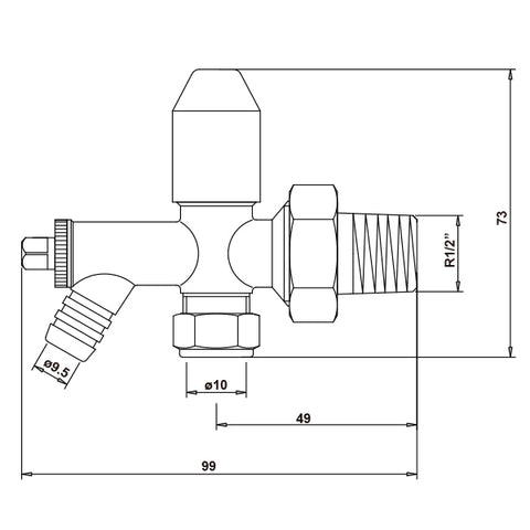 diagram of 10mm Manual Radiator Valve c/w Drain Off
