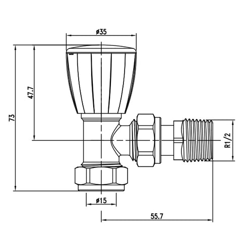 diagram of 15mm Angled Manual Radiator Valve c/w 1/2" Nut Tail