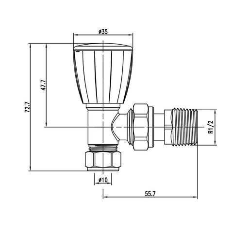 diagram of 10mm Angled Manual Radiator Valve c/w 1/2" Nut Tail