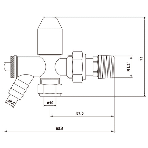 diagram of 10mm Manual Radiator Valve c/w 1/2" Nut Tail & Drain Off