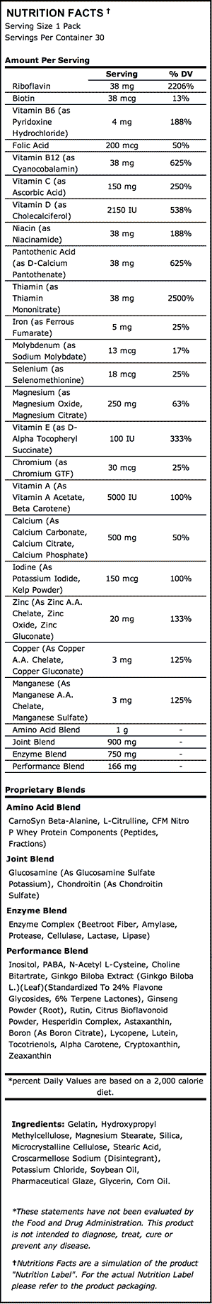 Optimum Nutrition Opti-Performance Packs Nutrition Facts
