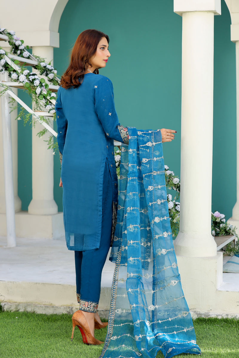 Simrans Embroidered Organza Teal Eid Outfit With Net Dupatta - Desi Posh
