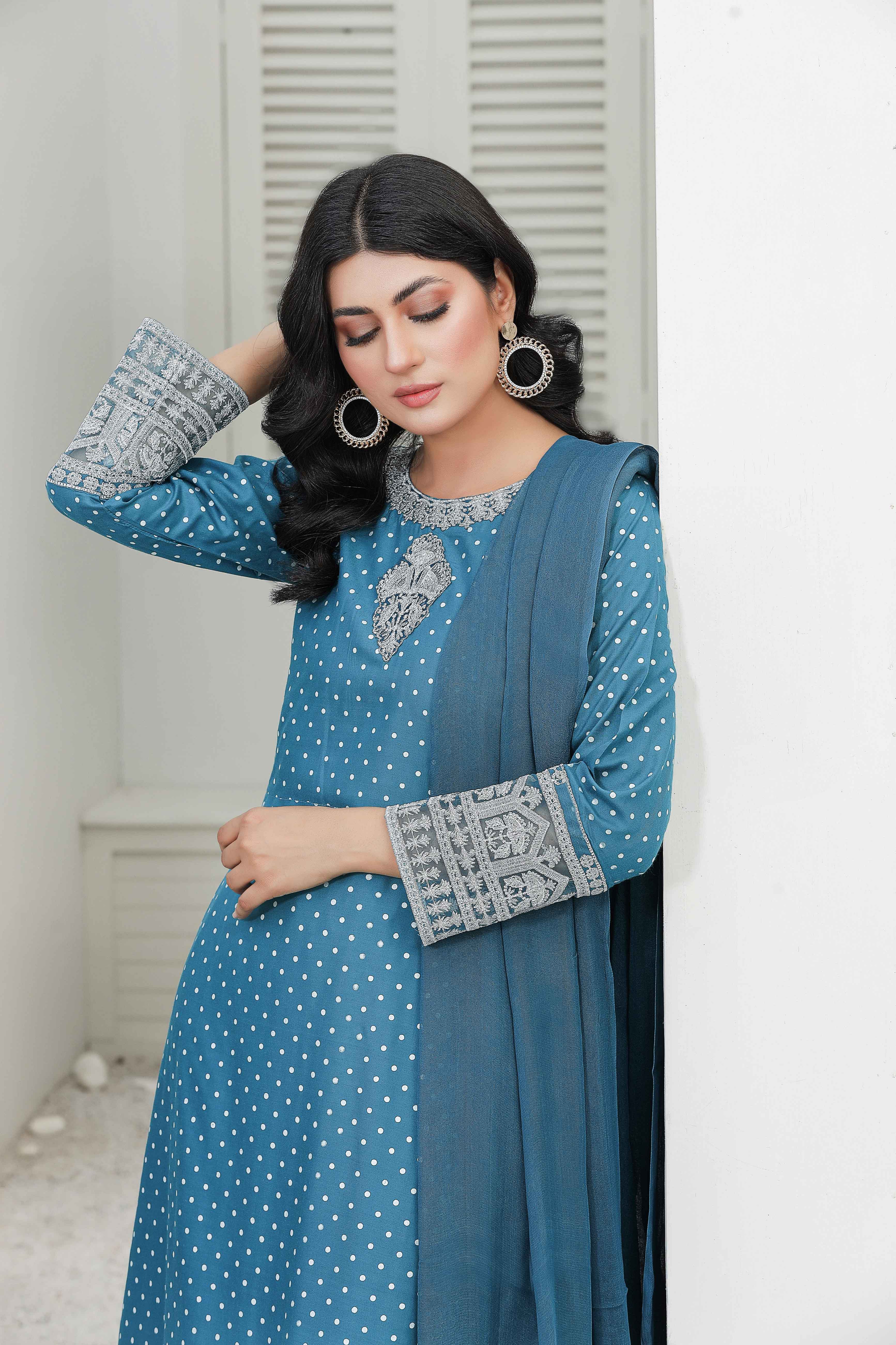 Simrans 3 Piece Linen Long Teal Dress Suit | Desi Posh