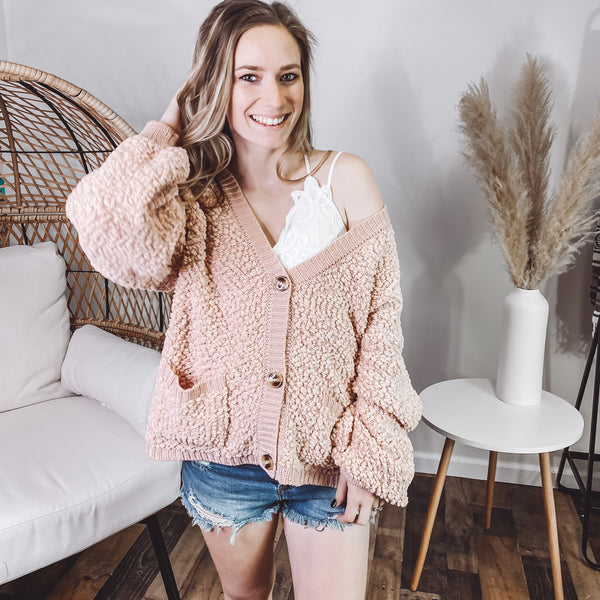 Mikayla Popcorn Cardigan with Balloon Sleeves | Dusty Blush - Our Little Secret Boutique