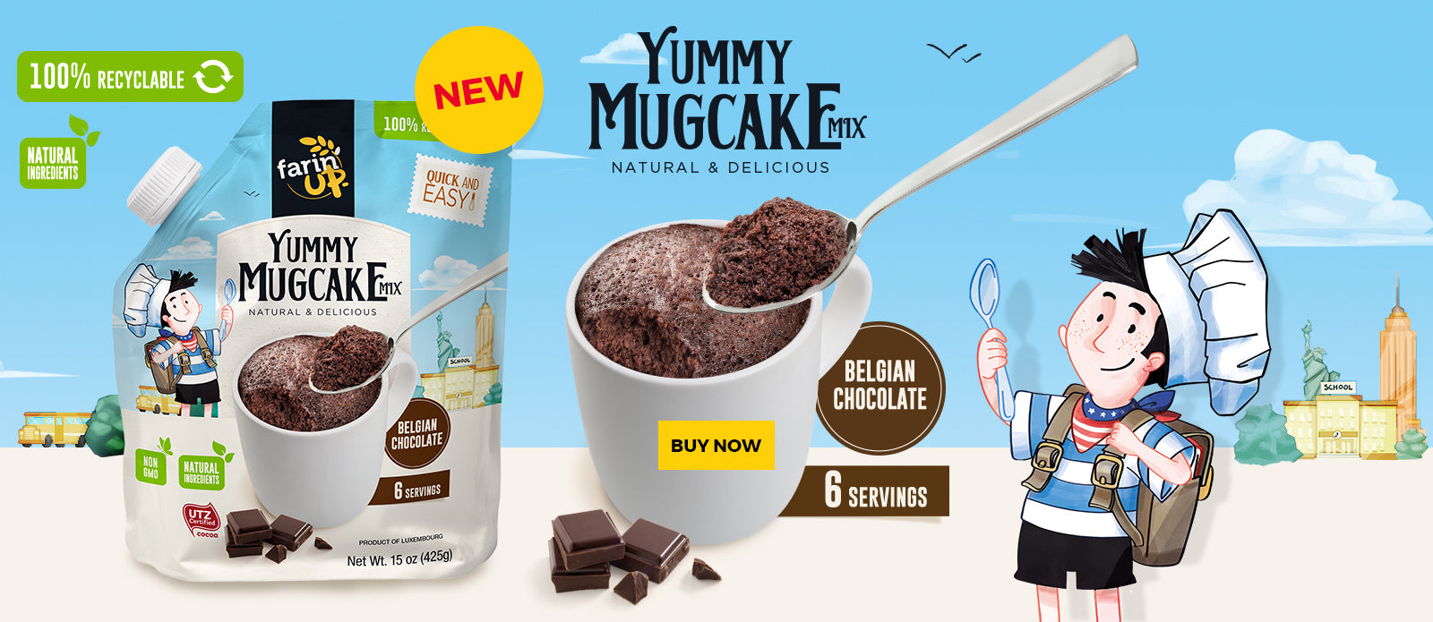 Yummy Mugcake mix natural and delicious belgian chocolate, six servings. 