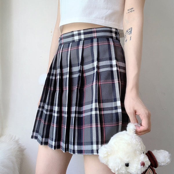 Gray pink plaid high waist pleated skirt YC24208 – anibiu