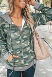 Camouflage Zipper Pocketed Drawstring Cotton Hoodie