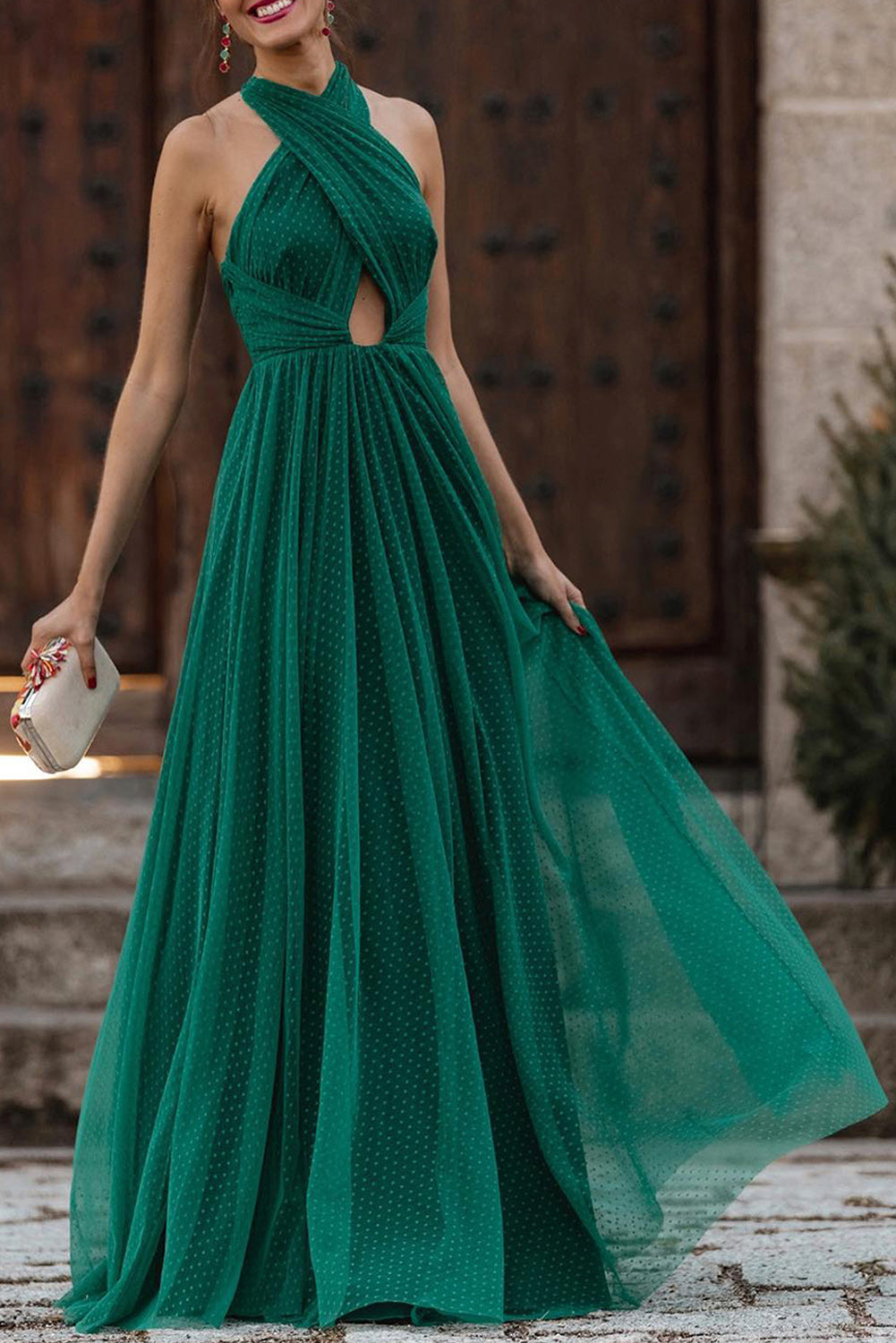 Woman wearing green party dress from Alelly. Use coupon code: BRIANABOOKER for 15% off Alelly.