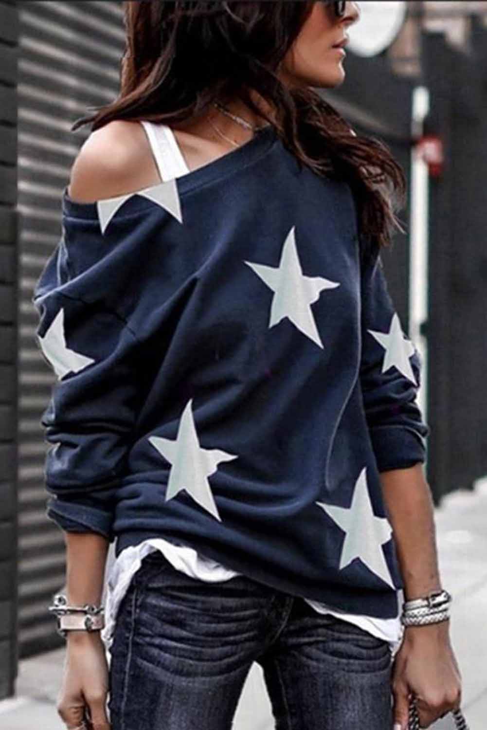 Fashion Five-pointed Star Print Round Neck Black Sweatshirt