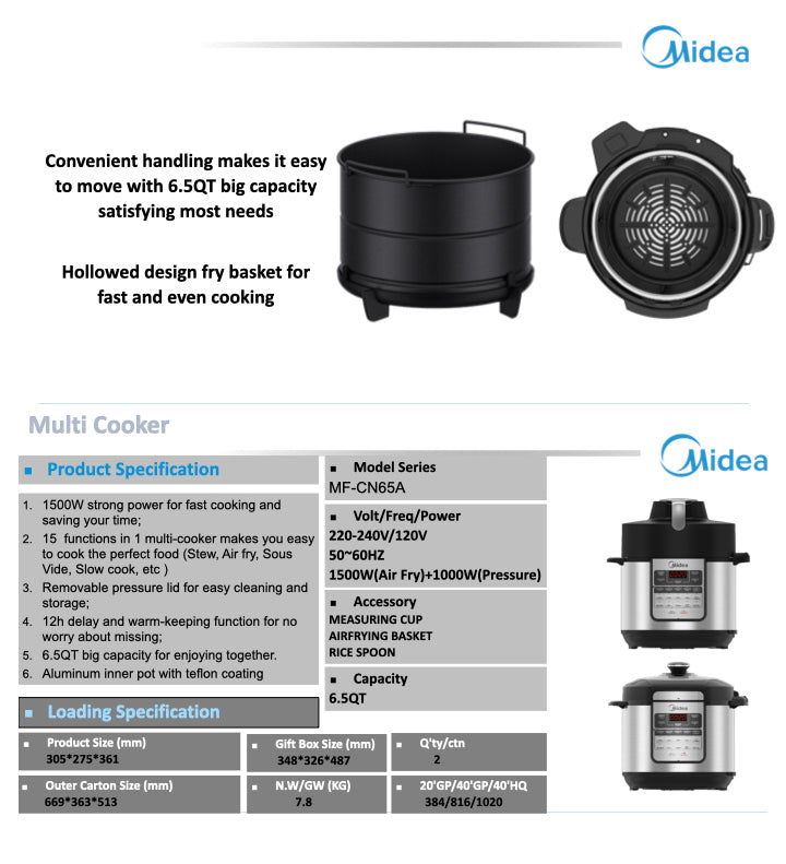 Midea Multi-Funtional Cooker Dual Lids 8 in 1 Pressure Cooker and Air ...
