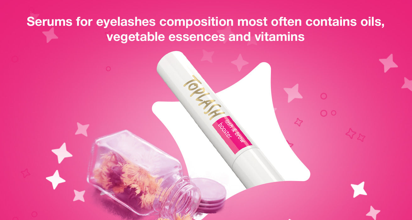 Serums for eyelashes composition most often contains oils, vegetable essences and vitamins