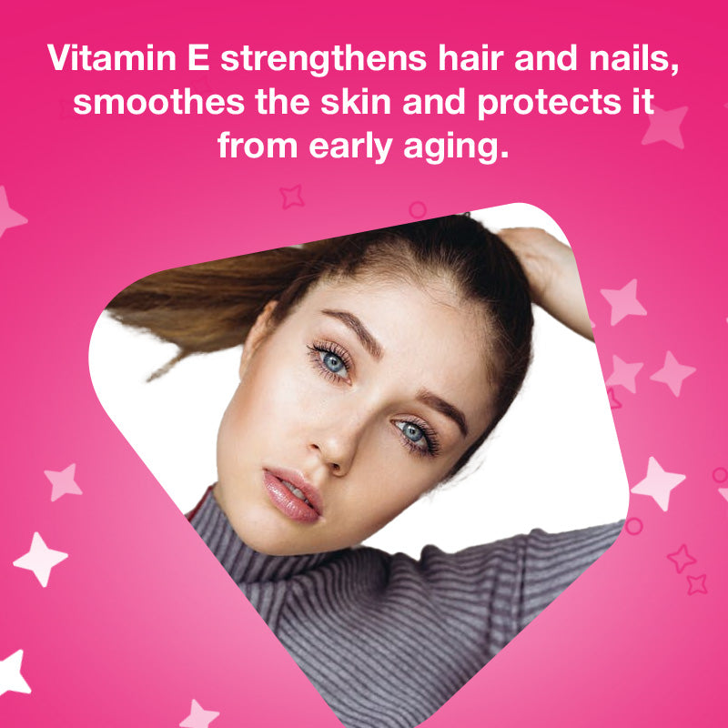 Vitamin E strengthens hair and nails, smoothes the skin and protects it from early aging.