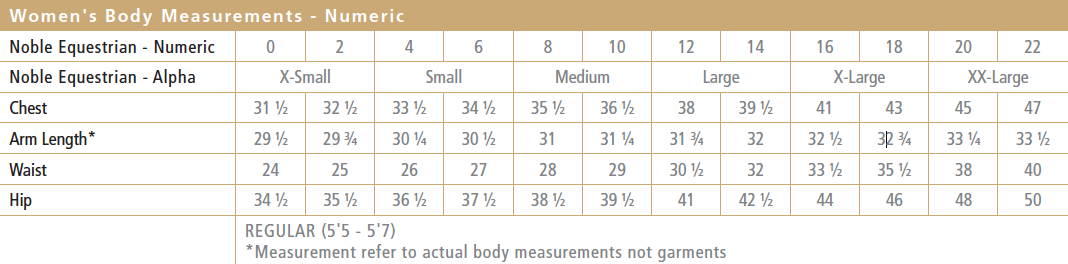 Ladies Riding Breeches Size Chart