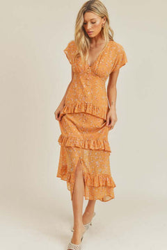 Orange Floral Tiered Midi Dress